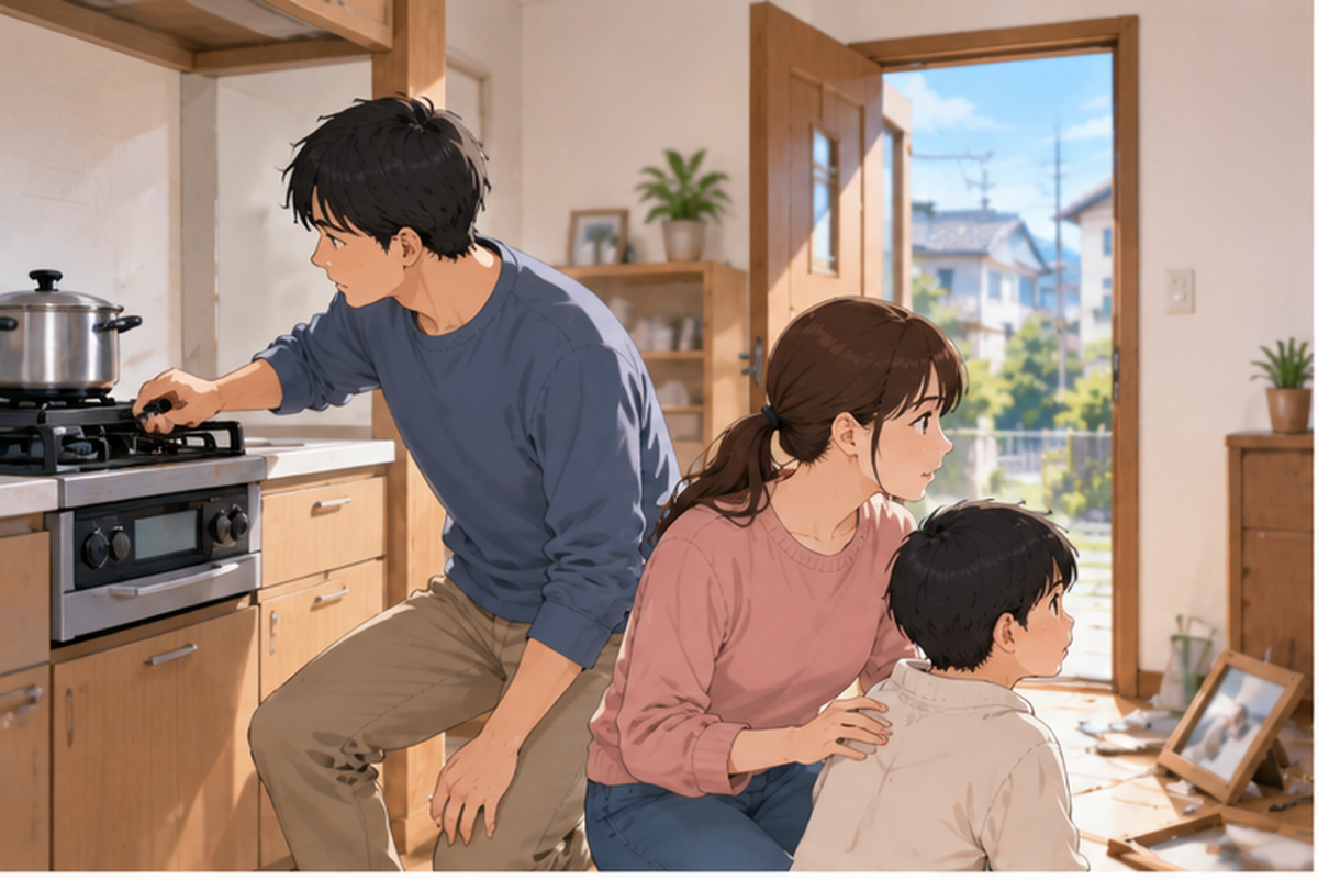 揺れが収まったあと、家族や火元、出口を確認するイメージ