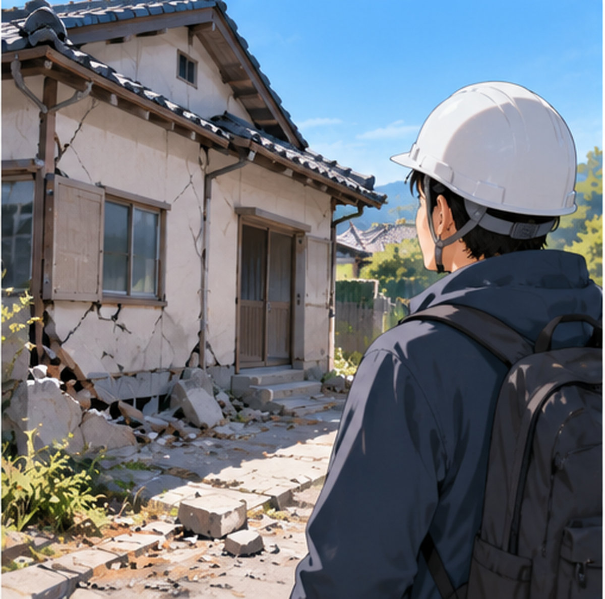 地震で損傷した建物へ近づかず、周囲の安全を確認するイメージ
