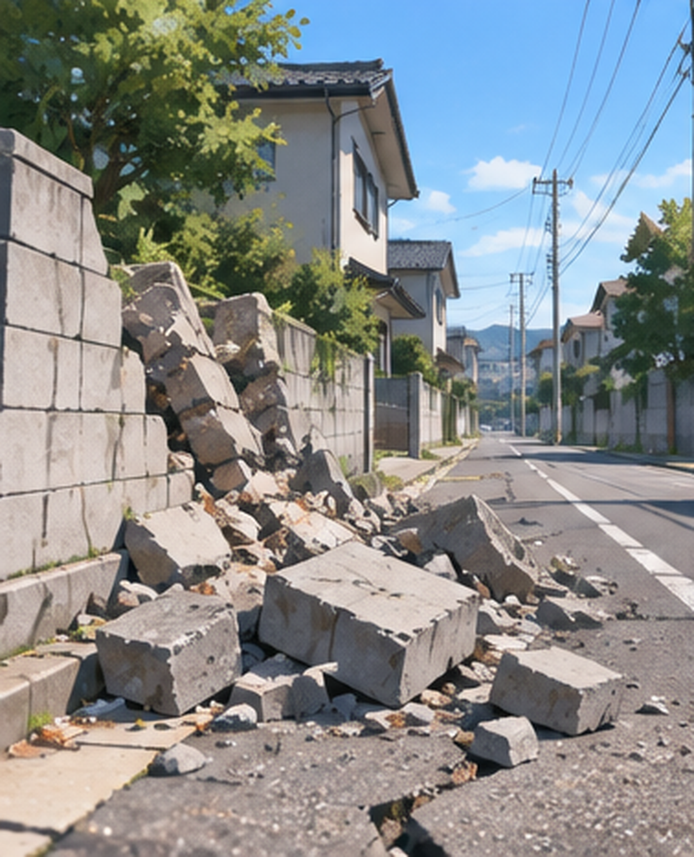 地震によって道路や塀などが損傷したイメージ