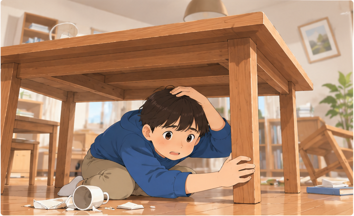 家の中で丈夫な机の下に入り頭を守るイメージ