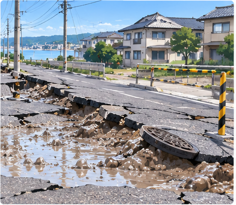 液状化によって道路や地盤が損傷したイメージ