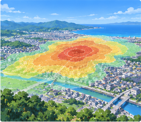 地域によって地震の揺れやすさが異なることを示すイメージ