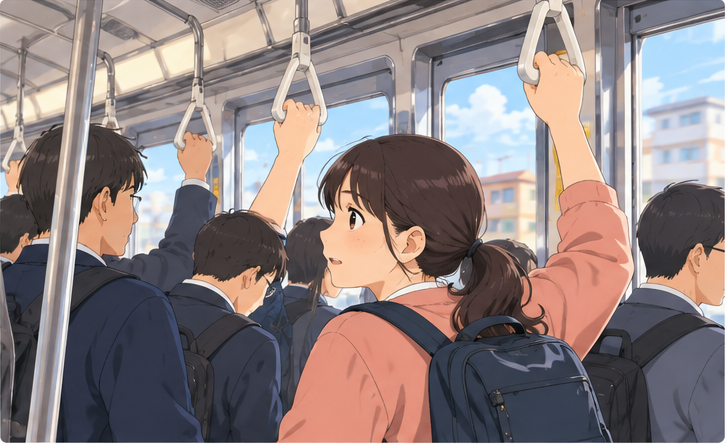 電車内でつり革につかまり安全を確保するイメージ
