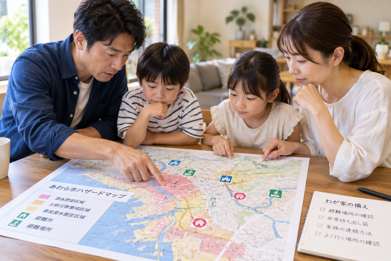 家族でハザードマップを見ながら避難について話し合っている様子