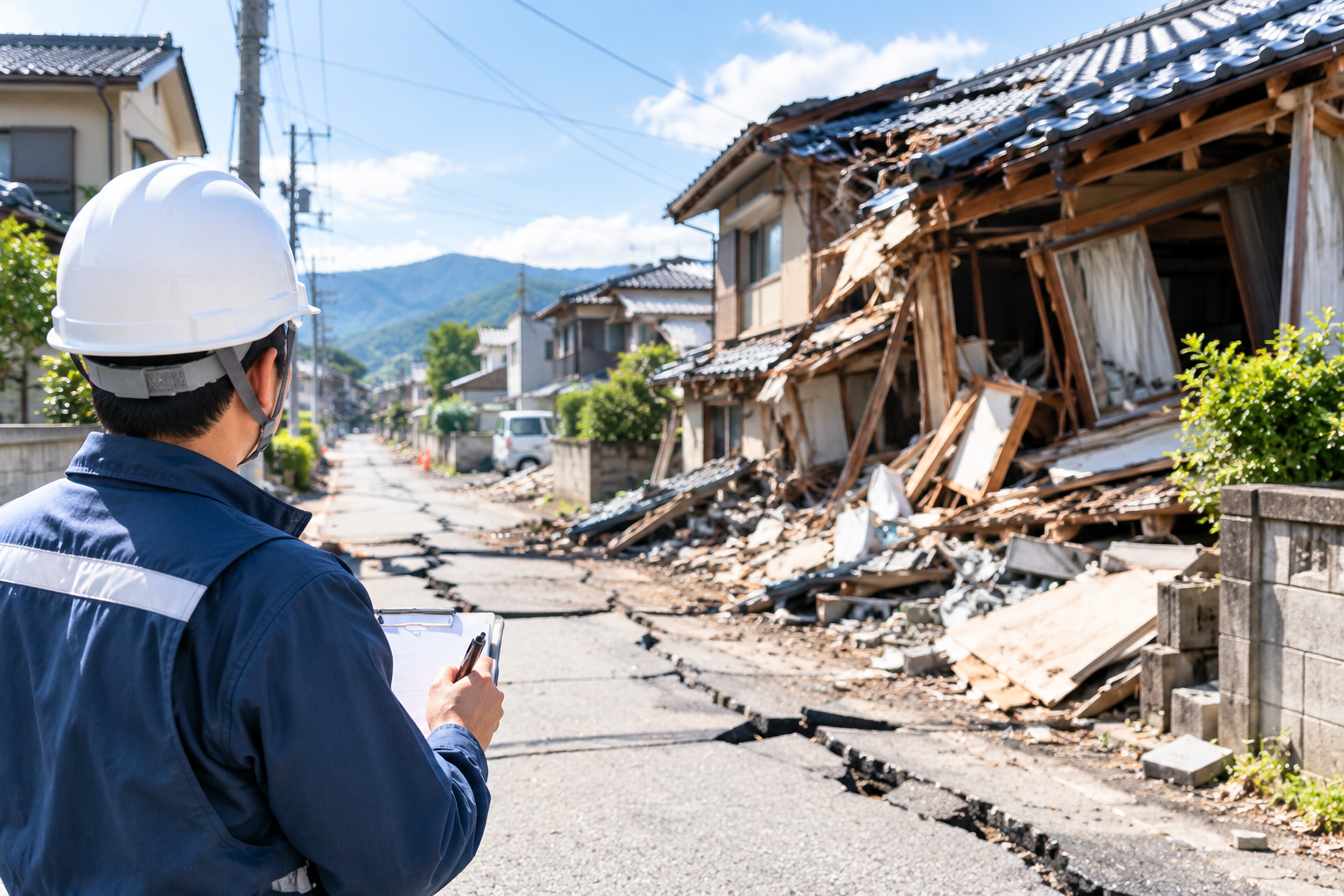 地震による住宅や道路の被害を確認しているイメージ