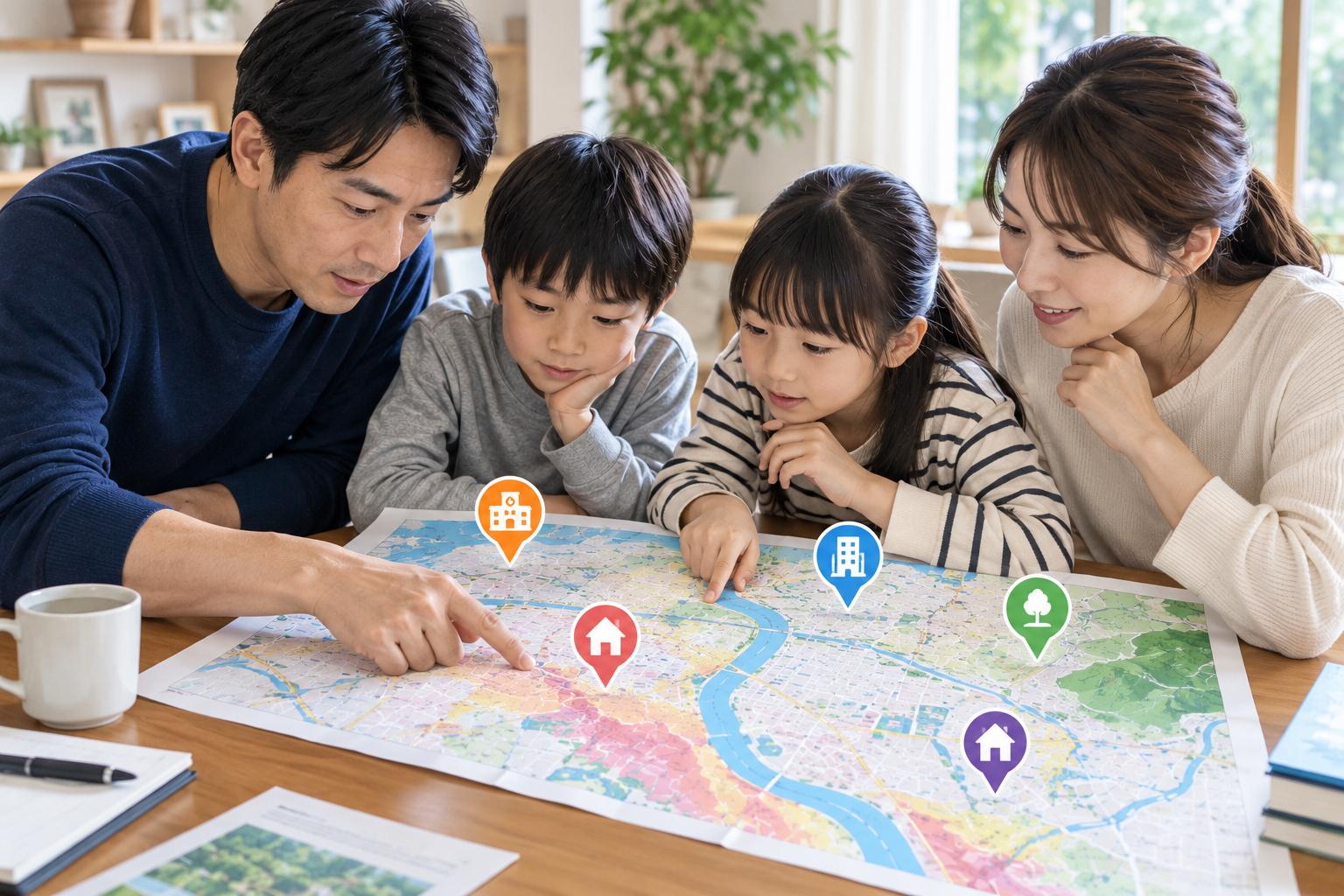 家族で自宅や学校、職場など普段行く場所を地図で確認している様子