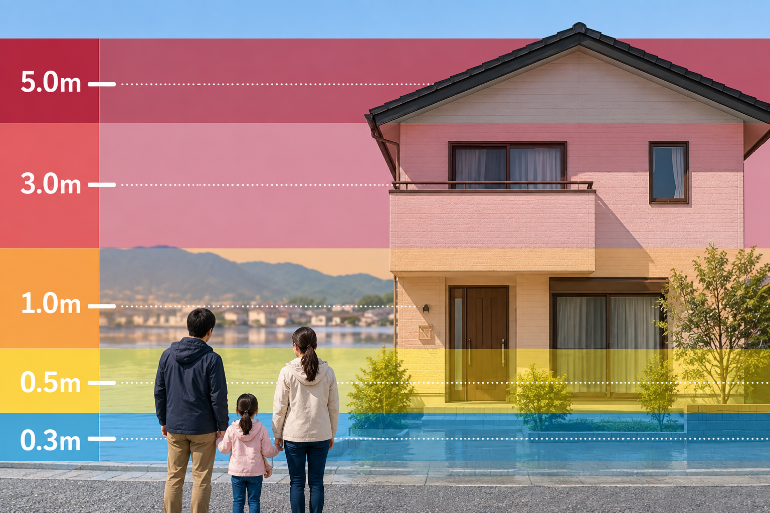住宅や人の高さと比べて浸水深をイメージする図