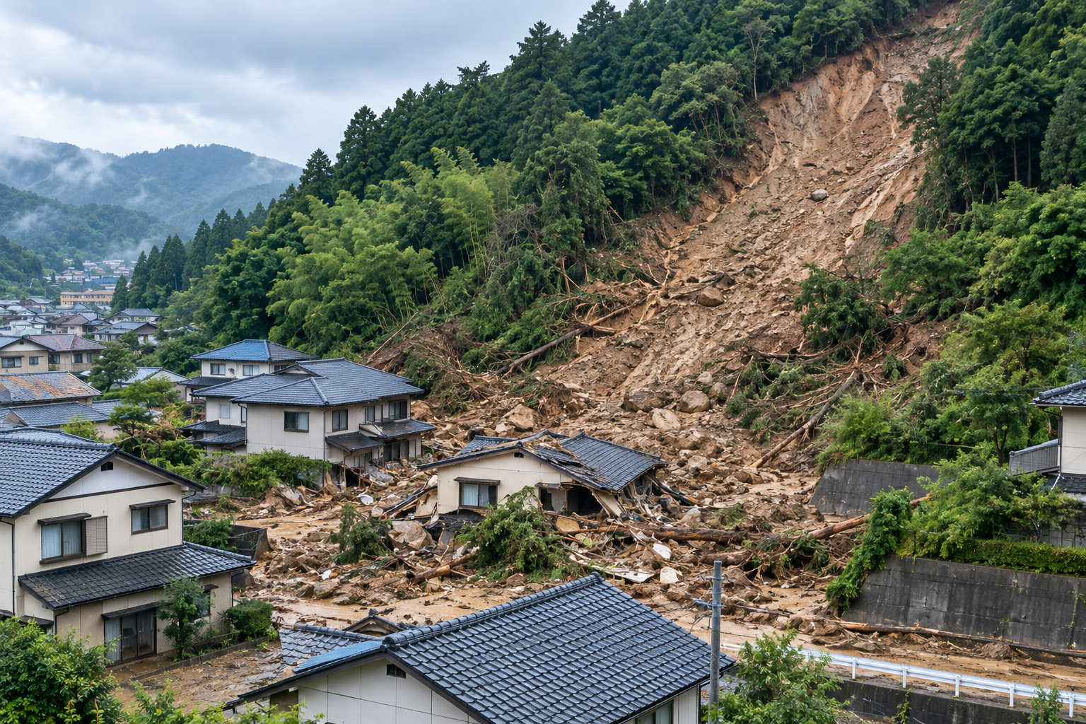 住宅地近くで土砂災害が発生したイメージ
