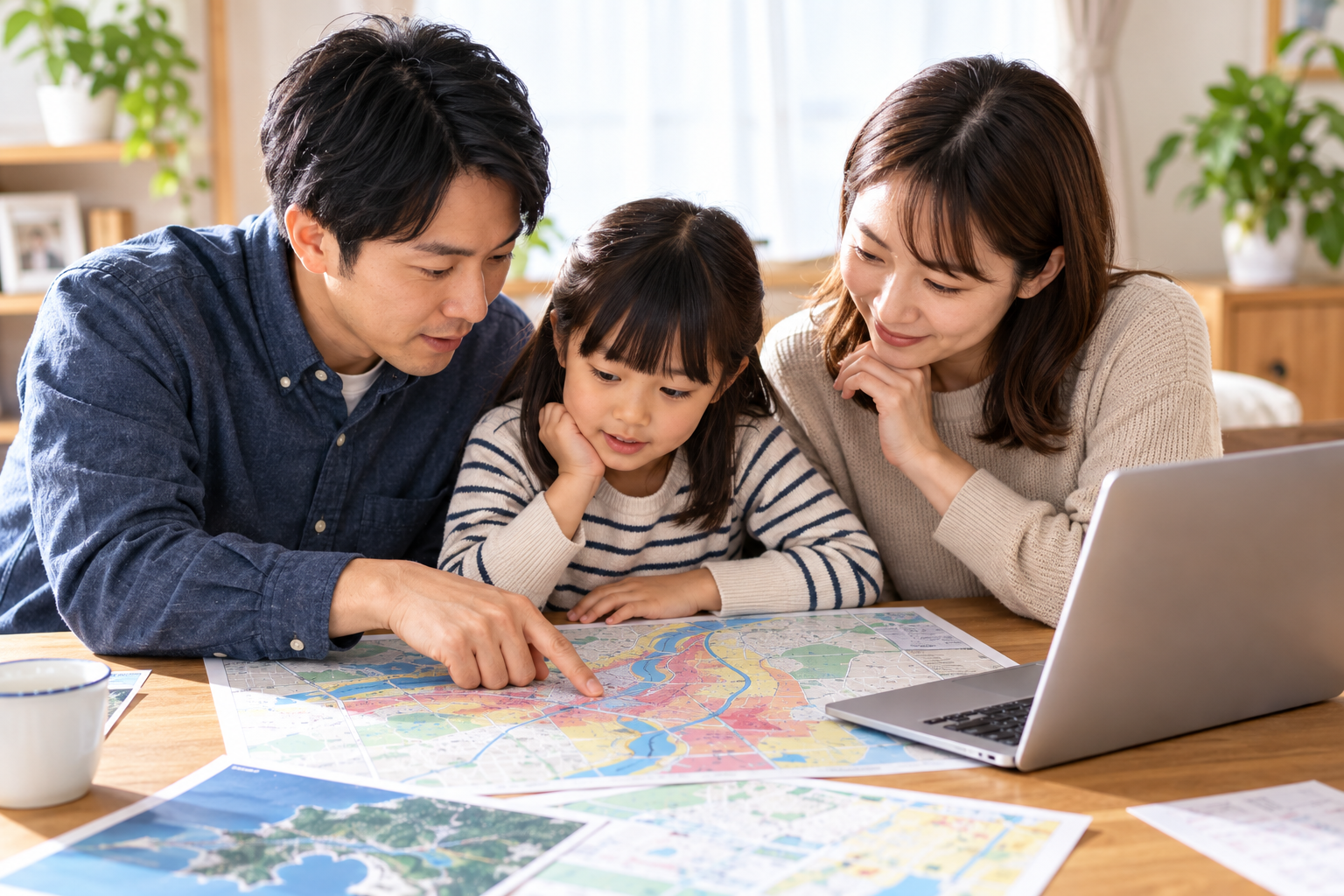 家族でハザードマップを確認している様子