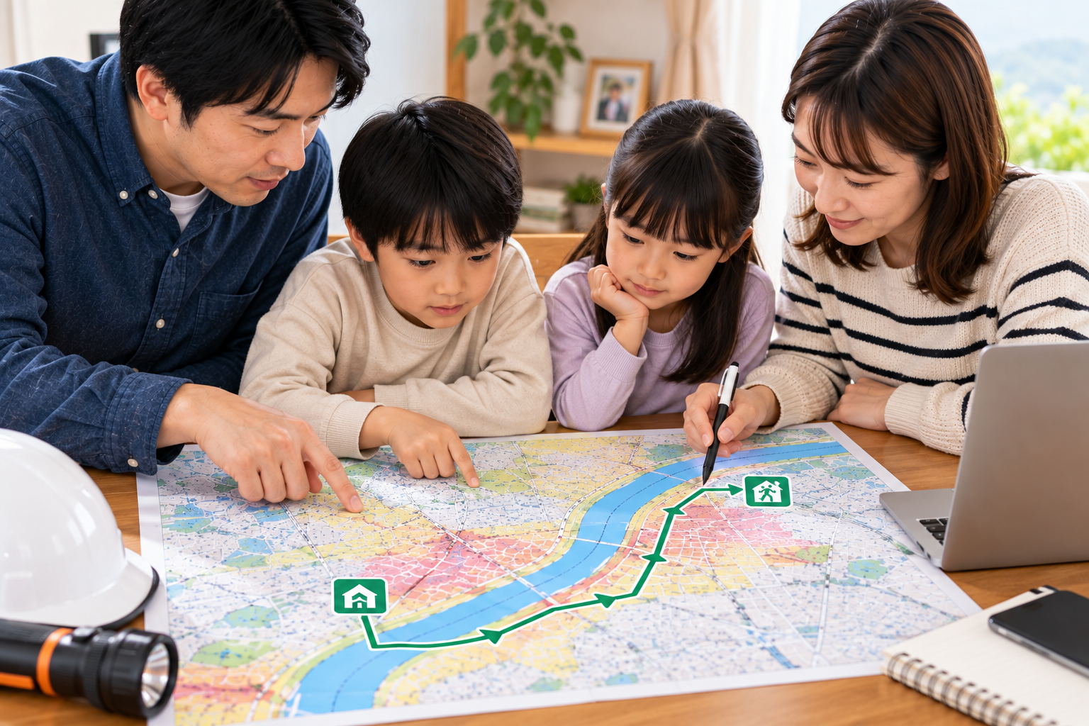 家族で避難経路を確認するイメージ