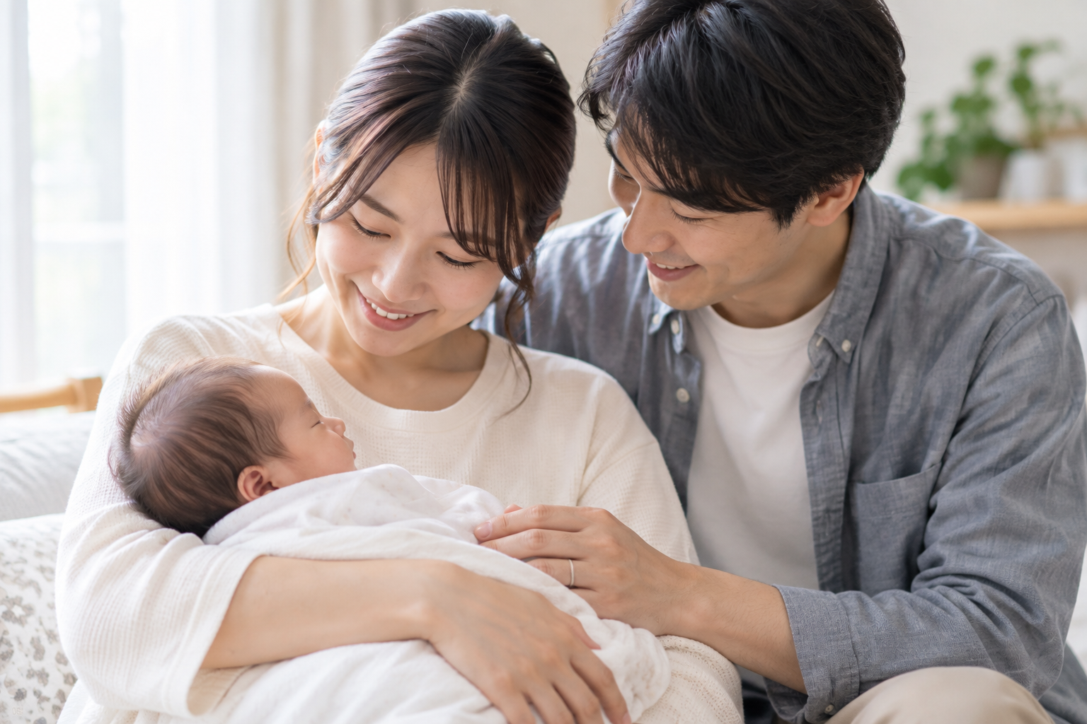赤ちゃんを抱く保護者に、家族が手を添えているイメージ