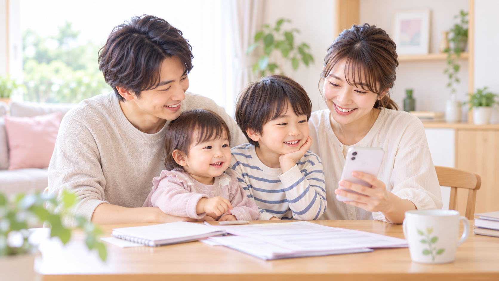 自宅でスマートフォンと書類を家族で確認するイメージ