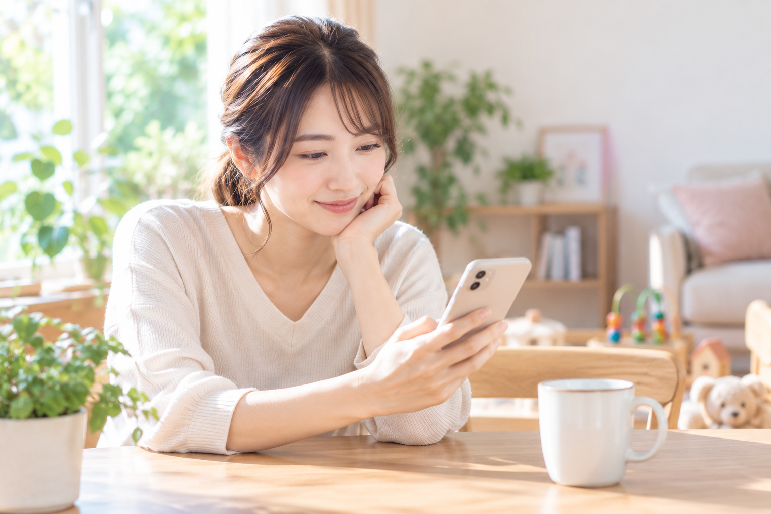 自宅でスマートフォンを手にする女性のイメージ
