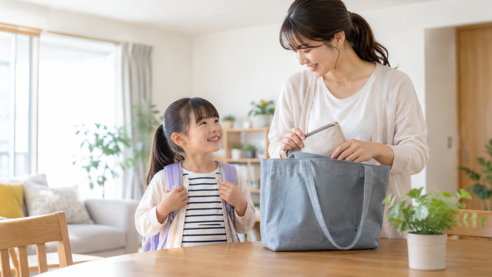 外出に向けてバッグと持ち物を準備する親子のイメージ
