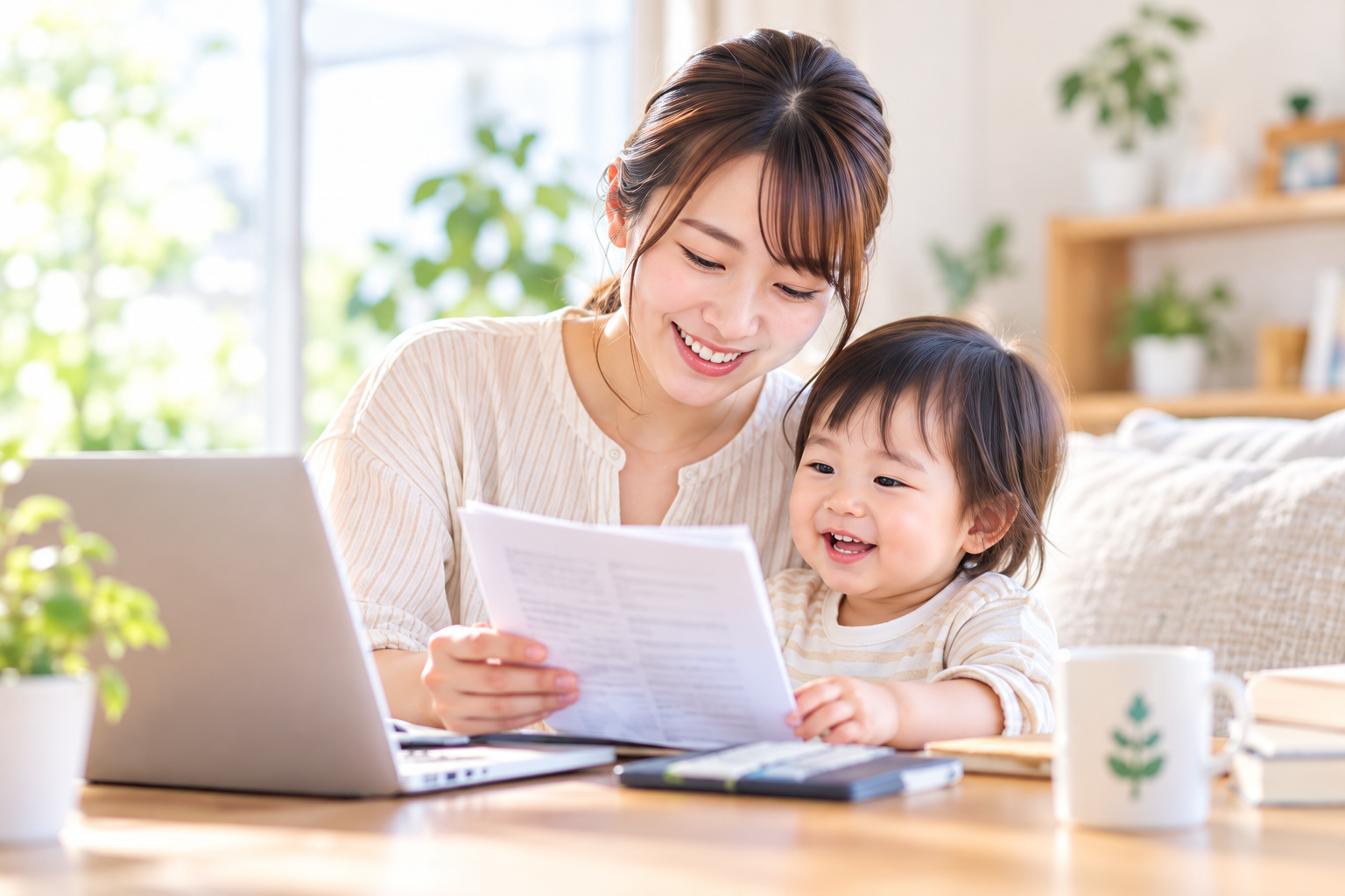 書類を確認しながら子どもと過ごす親子のイメージ