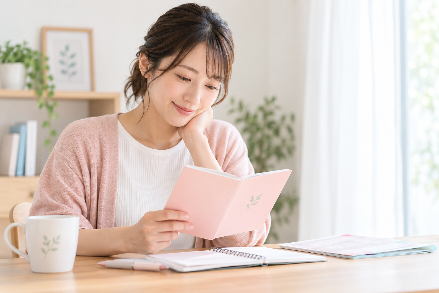 明るい室内で手帳を確認する女性のイメージ