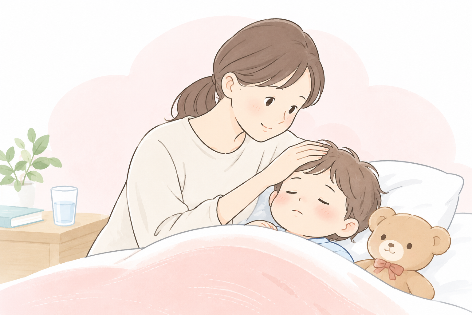 体調の悪い子どもに寄り添う保護者のイラスト