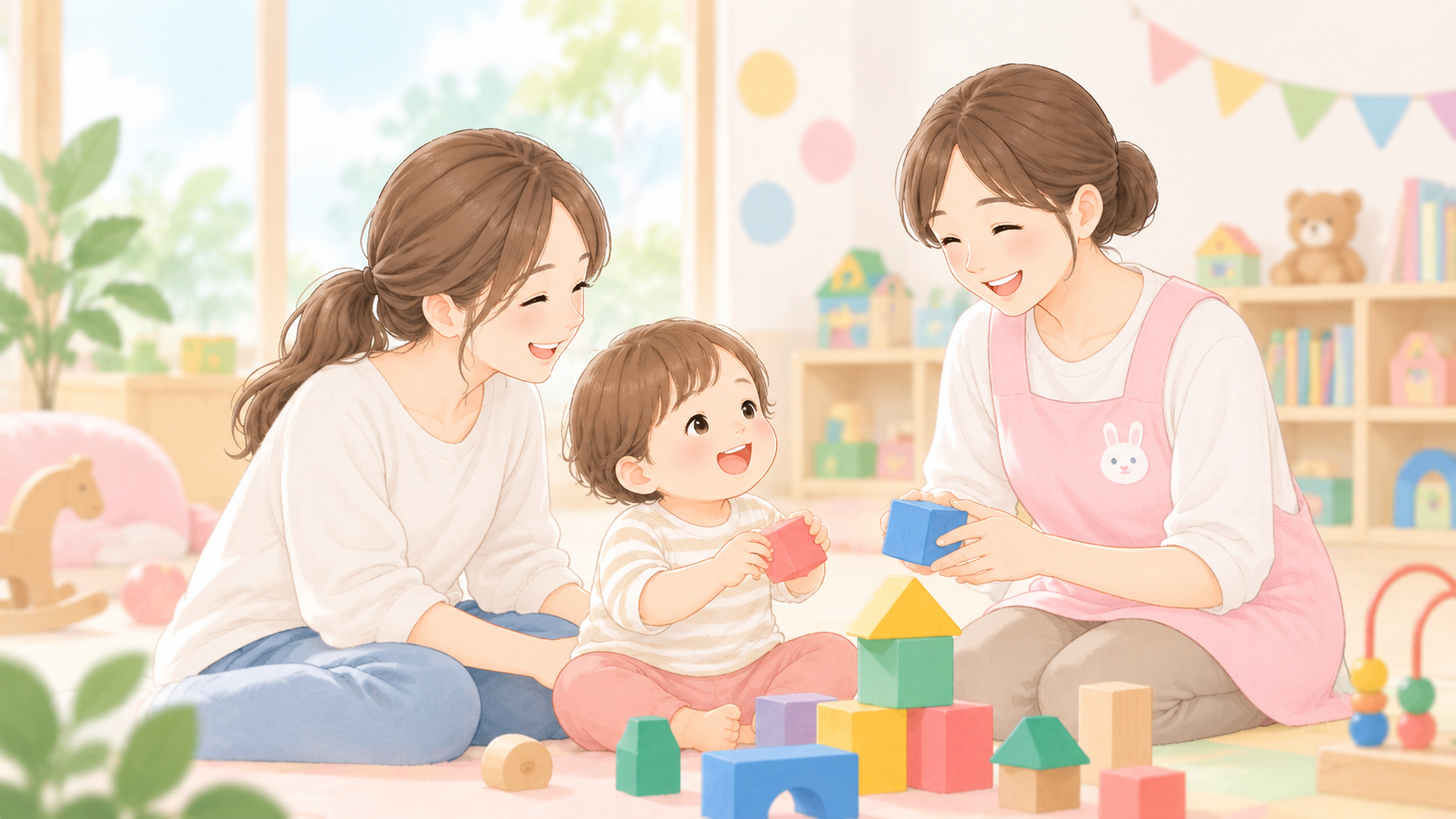 積み木で遊ぶ親子と、そばで見守るスタッフのイラスト