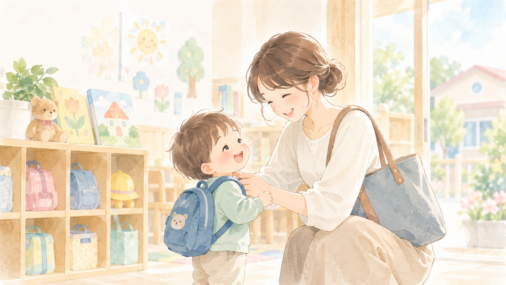 バッグを背負った子どもと保護者が笑顔で向き合うイラスト