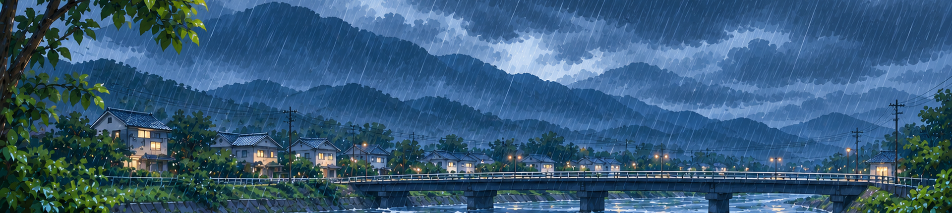 大雨の中の川と住宅地のイメージ