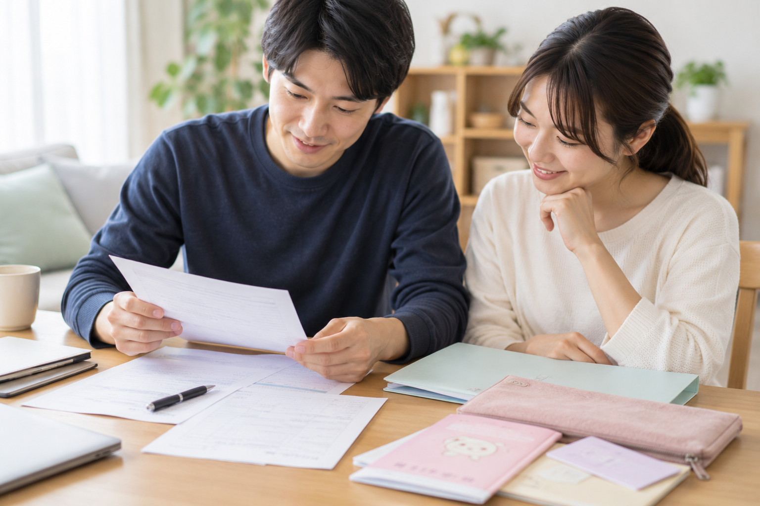 家族が自宅で出生後の手続きに使う書類を準備しているイメージ