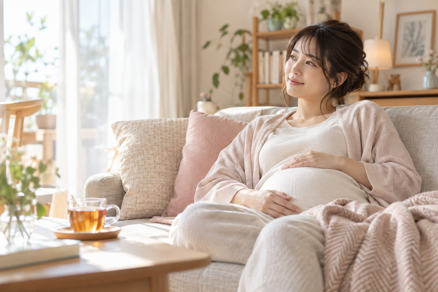 妊娠中の女性が明るい部屋でゆっくり休んでいるイメージ