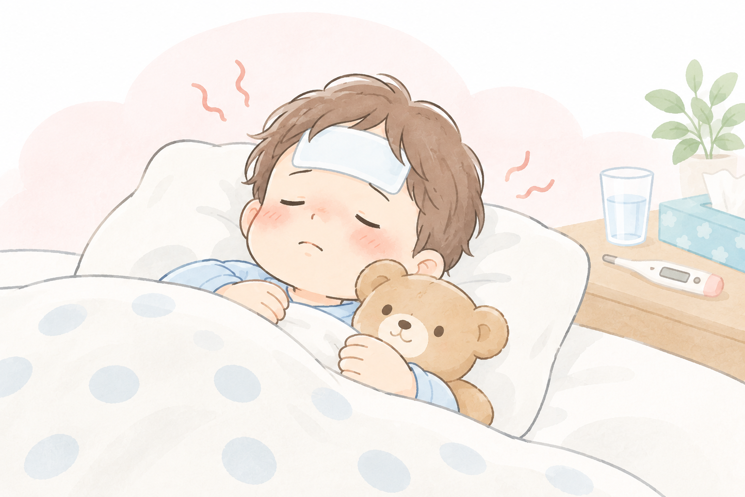 発熱して布団で休んでいる子どものイラスト
