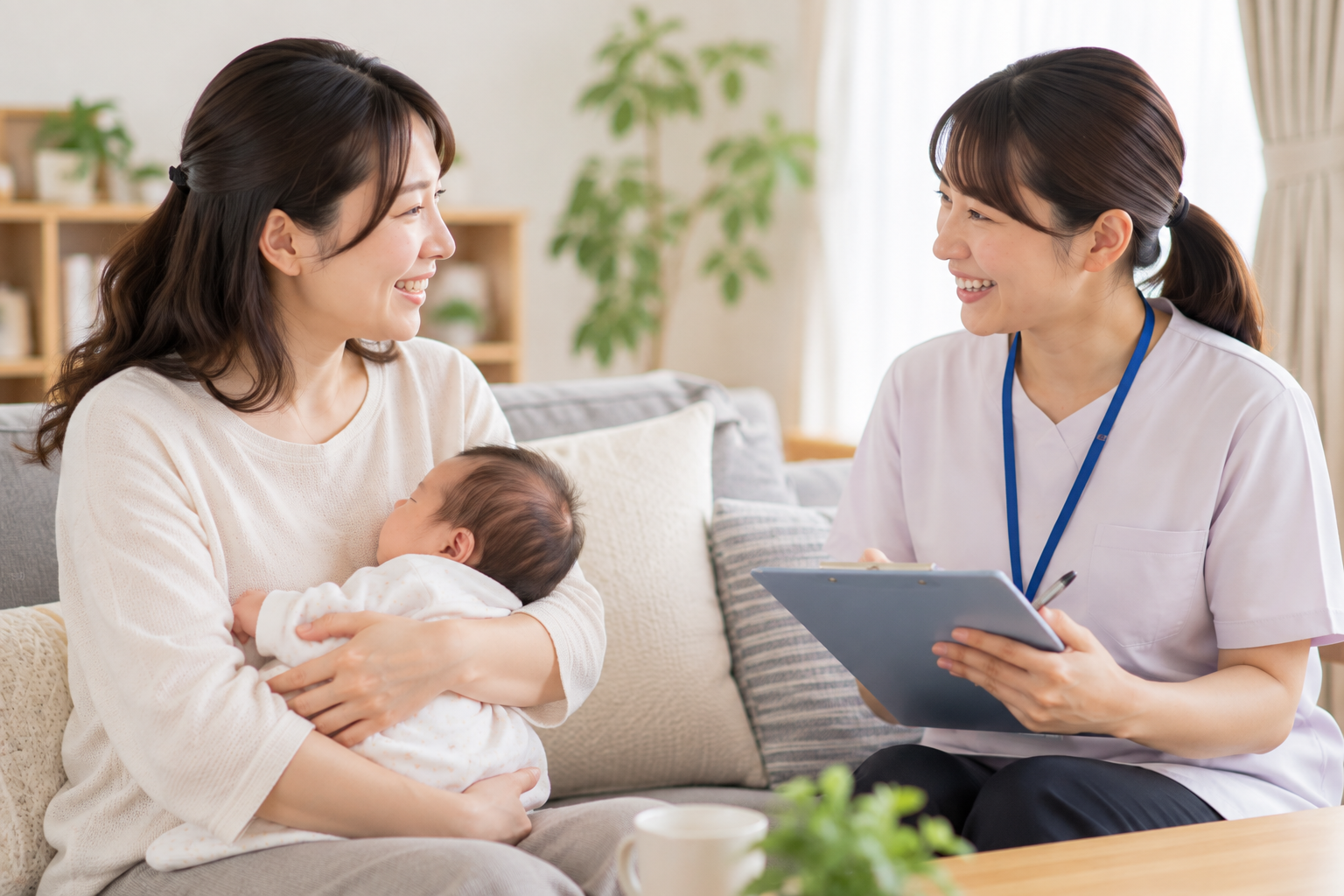 自宅で赤ちゃんを抱く保護者が、訪問スタッフと相談しているイメージ