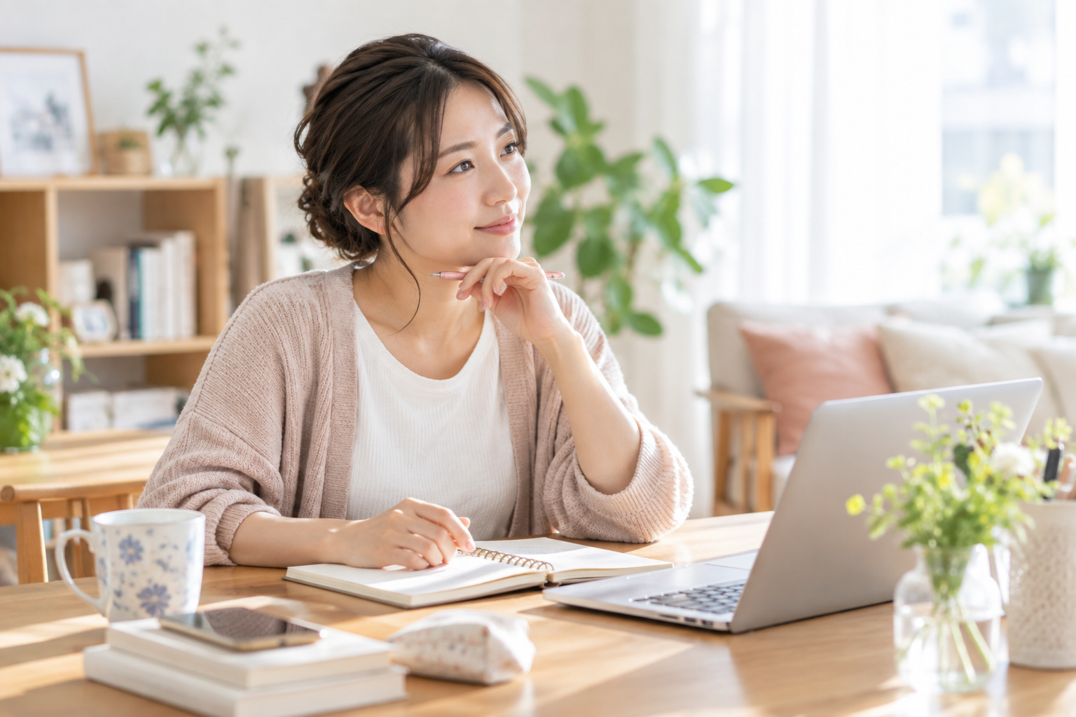 女性が自宅で自分のこれからを穏やかに考えているイメージ