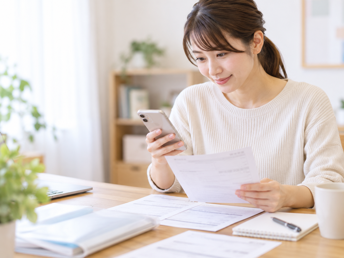 自宅でスマートフォンと書類を確認する保護者のイメージ