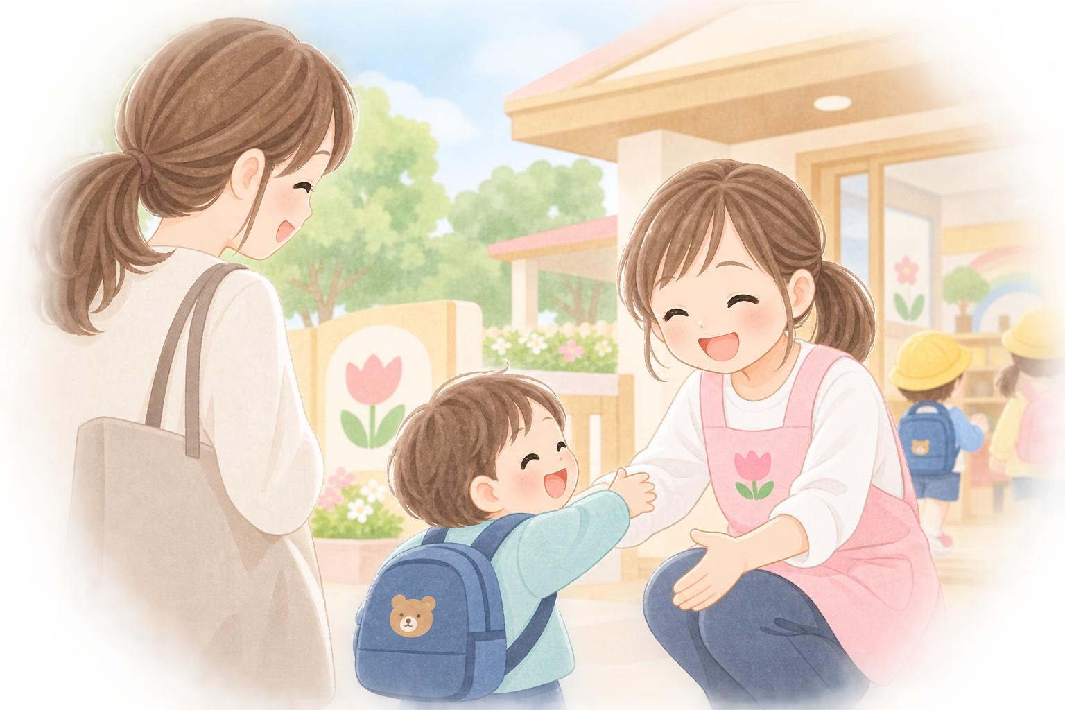 こども園で保護者と子どもを迎える先生のイラスト