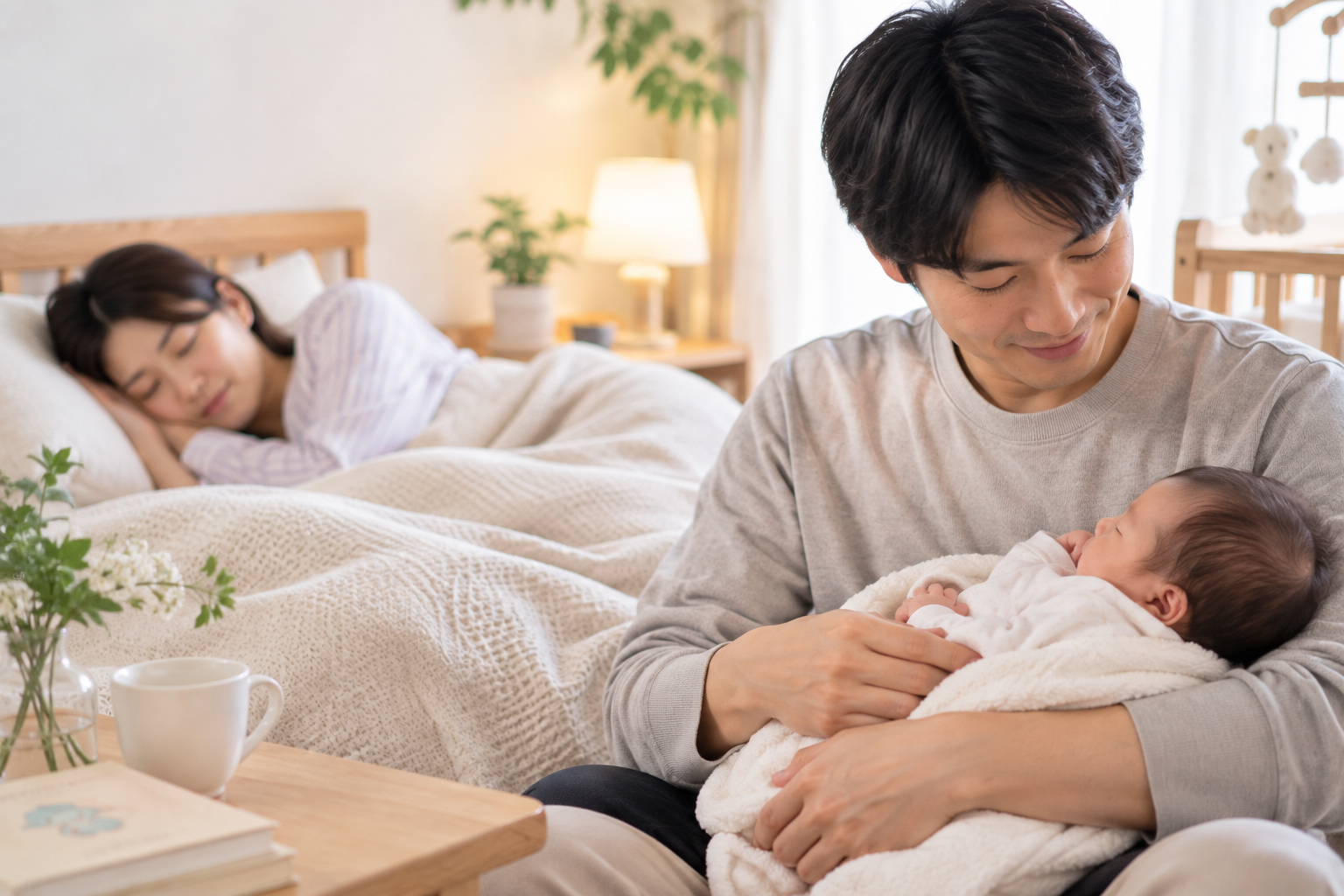家族に赤ちゃんを見てもらい、出産した方が休んでいるイメージ
