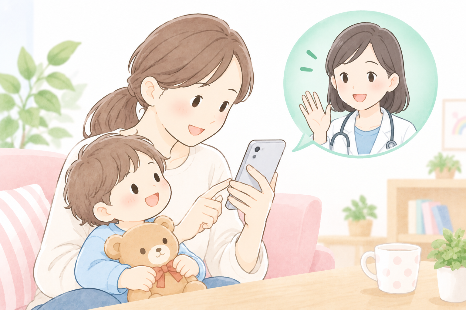 保護者がスマートフォンで医師にオンライン相談するイラスト