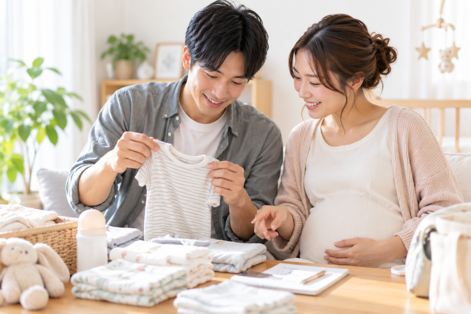 妊娠中の女性とパートナーが赤ちゃんを迎える準備をしているイメージ