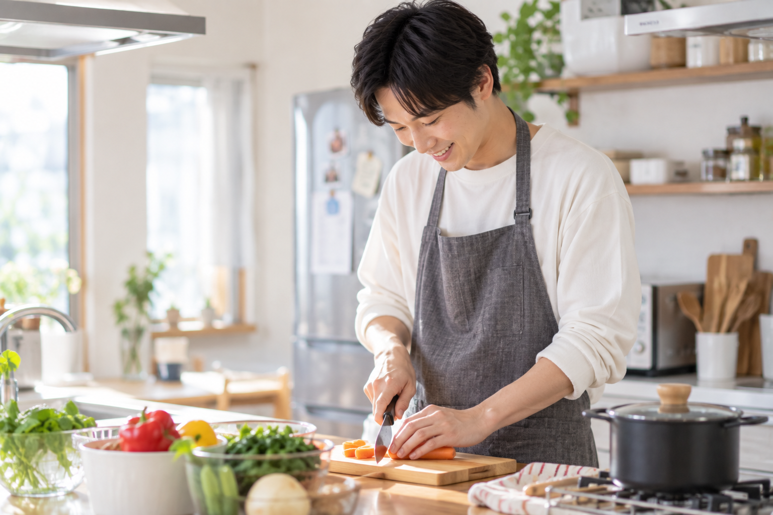 男性が自宅のキッチンで食事を準備しているイメージ