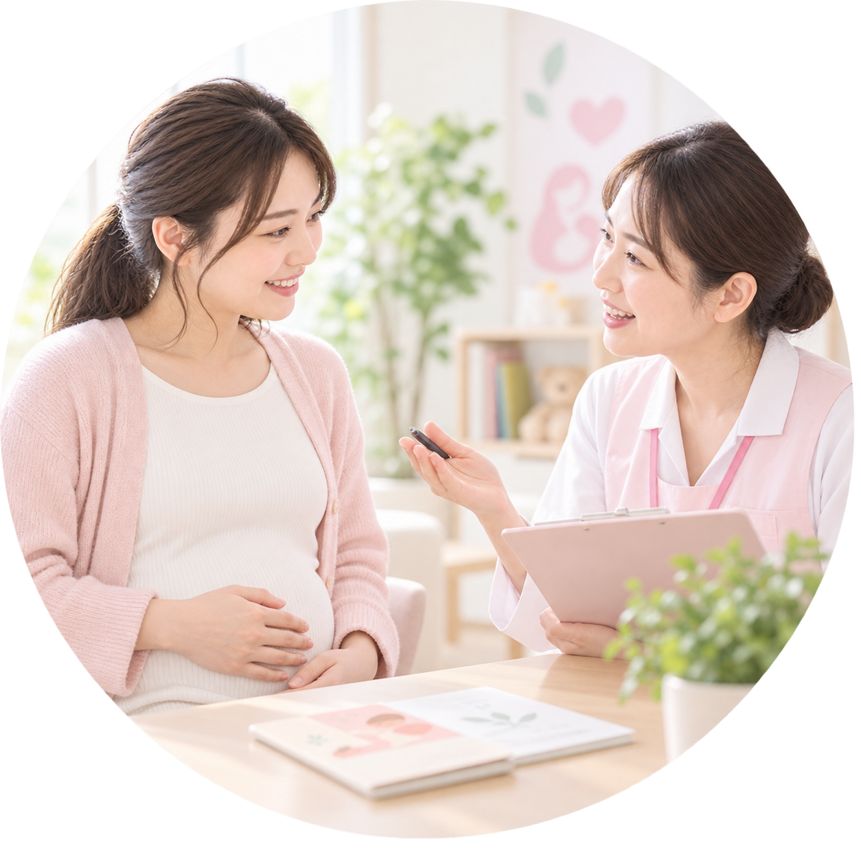 妊婦が相談員と落ち着いて話しているイメージ