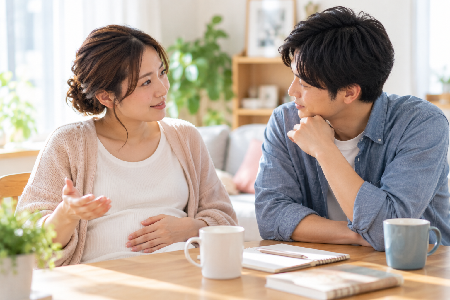 妊娠中の女性の話をパートナーが穏やかに聞いているイメージ