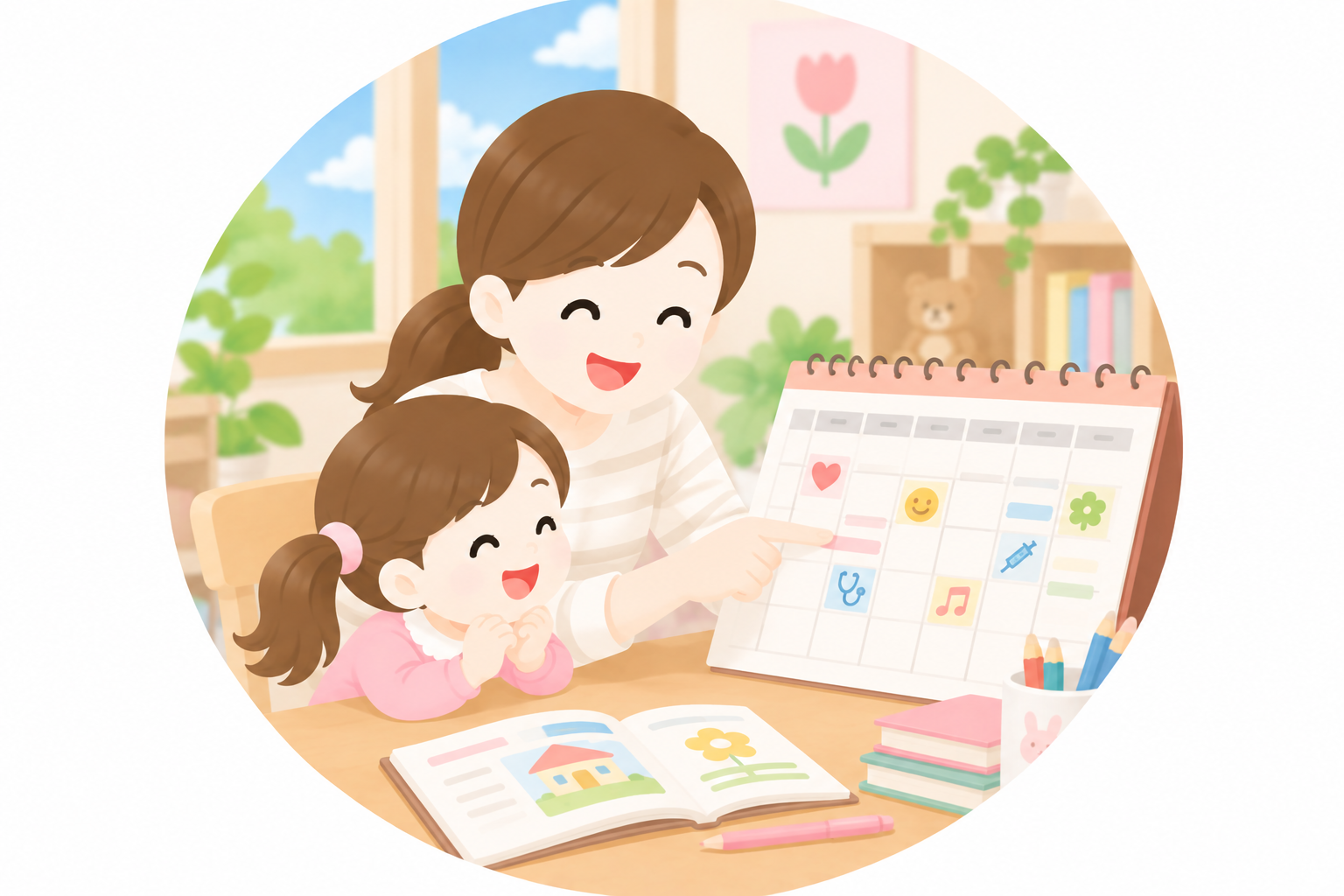 親子でカレンダーを見ながら予定を確認するイラスト
