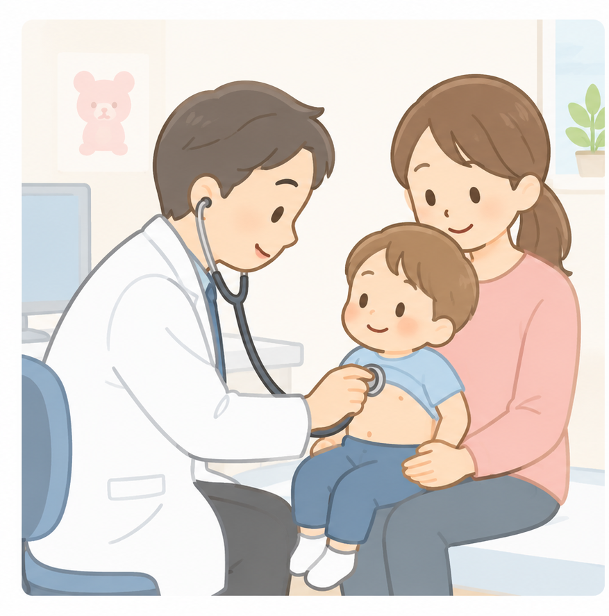 医療機関で子どもが医師の診察を受けるイラスト