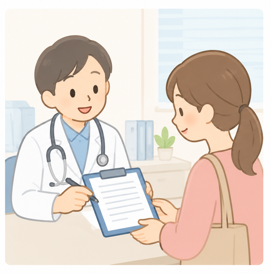 医師が病児・病後児保育の利用に必要な書類を保護者へ説明するイラスト