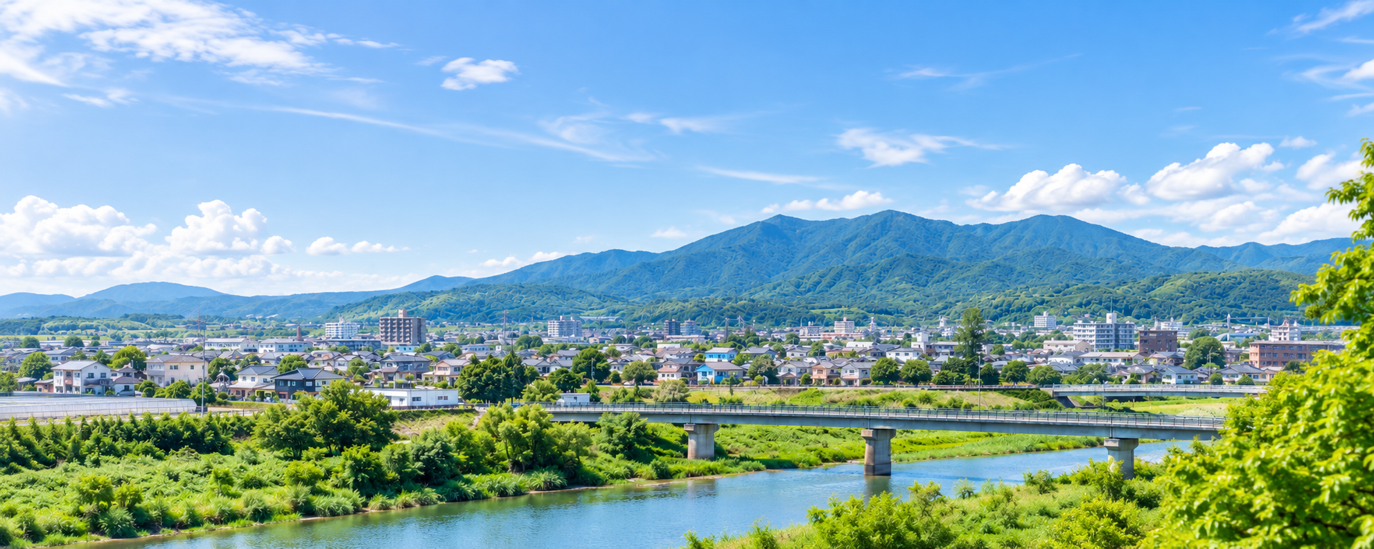 山並みと川、市街地を望む防災ガイドのイメージ