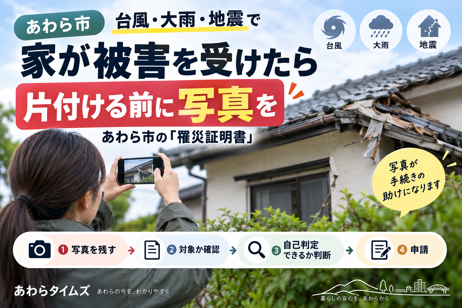 台風・大雨・地震で家が被害を受けた際の罹災証明書と写真撮影を案内するアイキャッチ