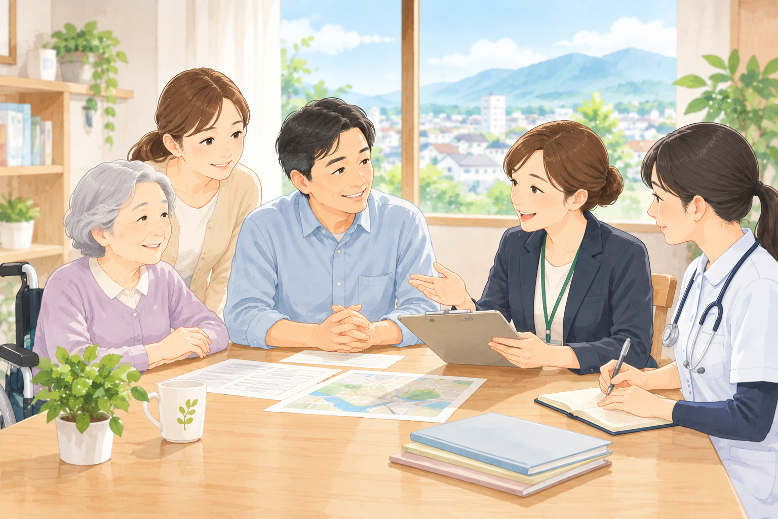 本人と家族が支援者と災害時の対応を相談しているイメージ