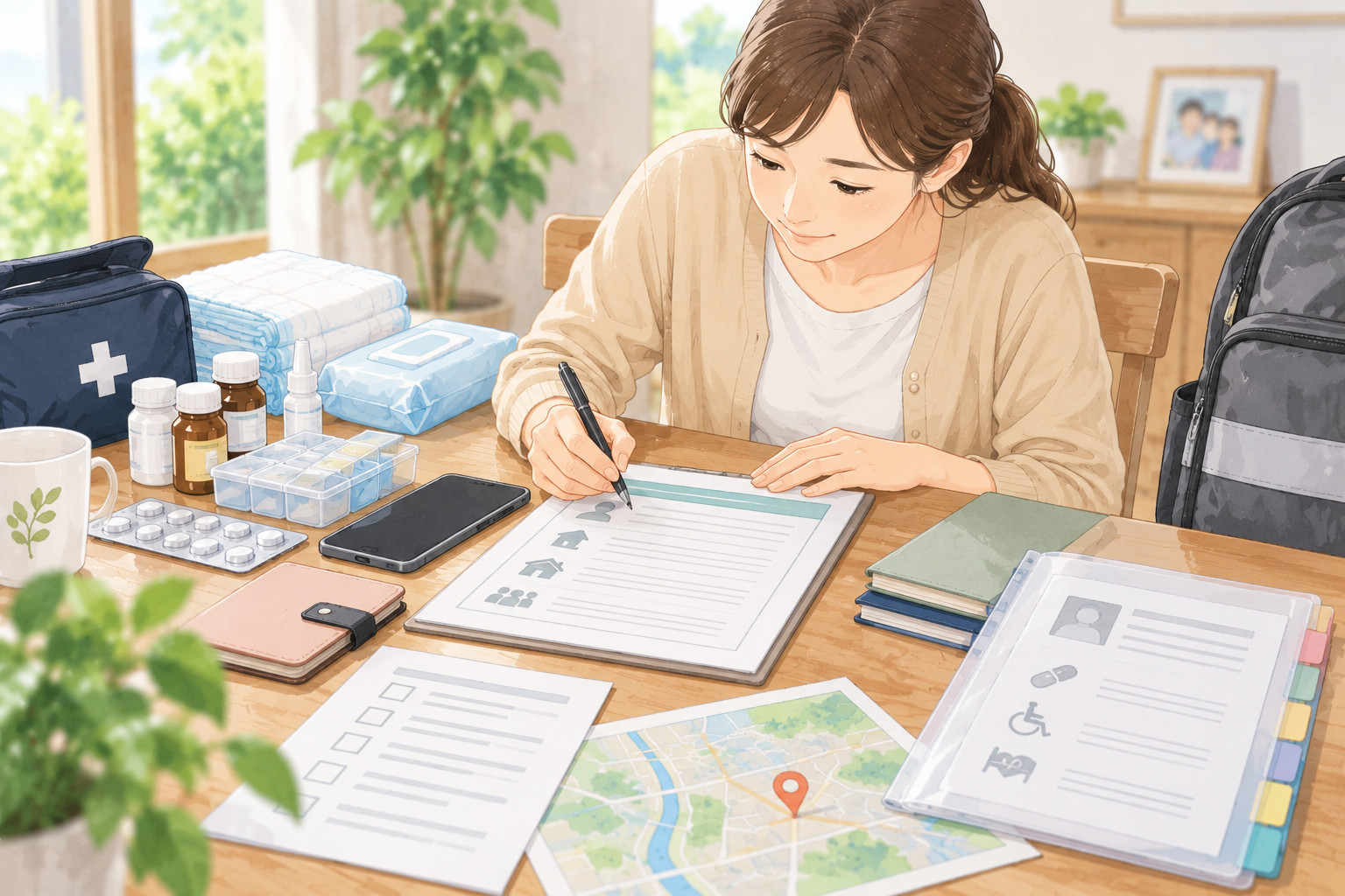 本人のケアや連絡先などを紙にまとめているイメージ