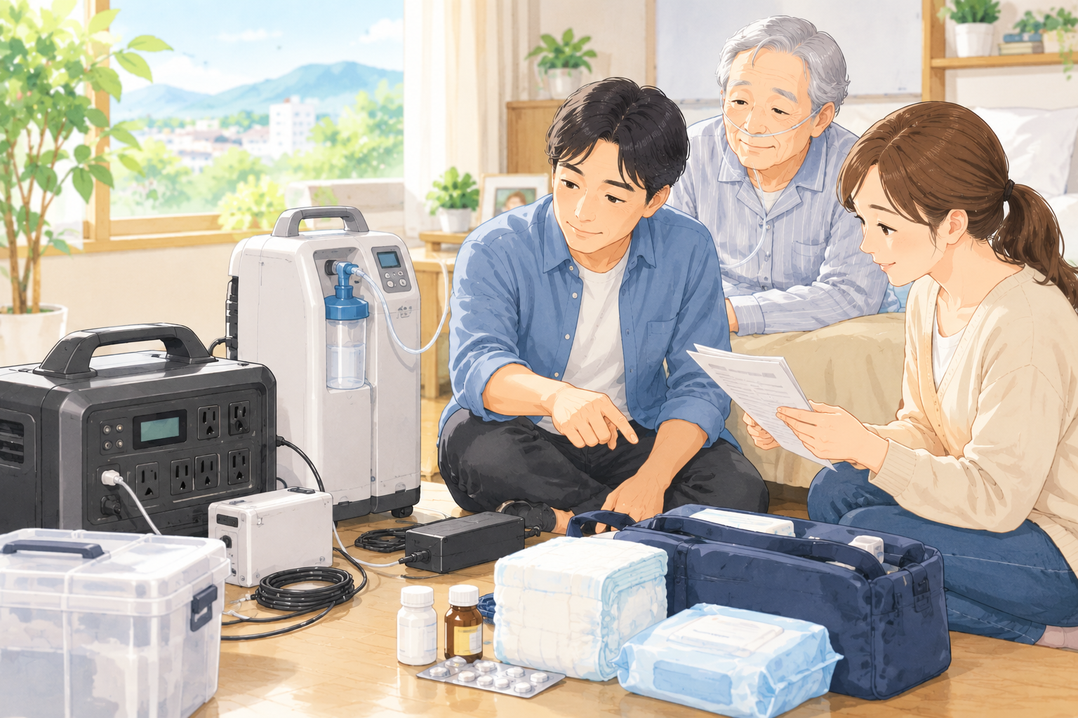 家族で医療機器と非常用電源を確認しているイメージ
