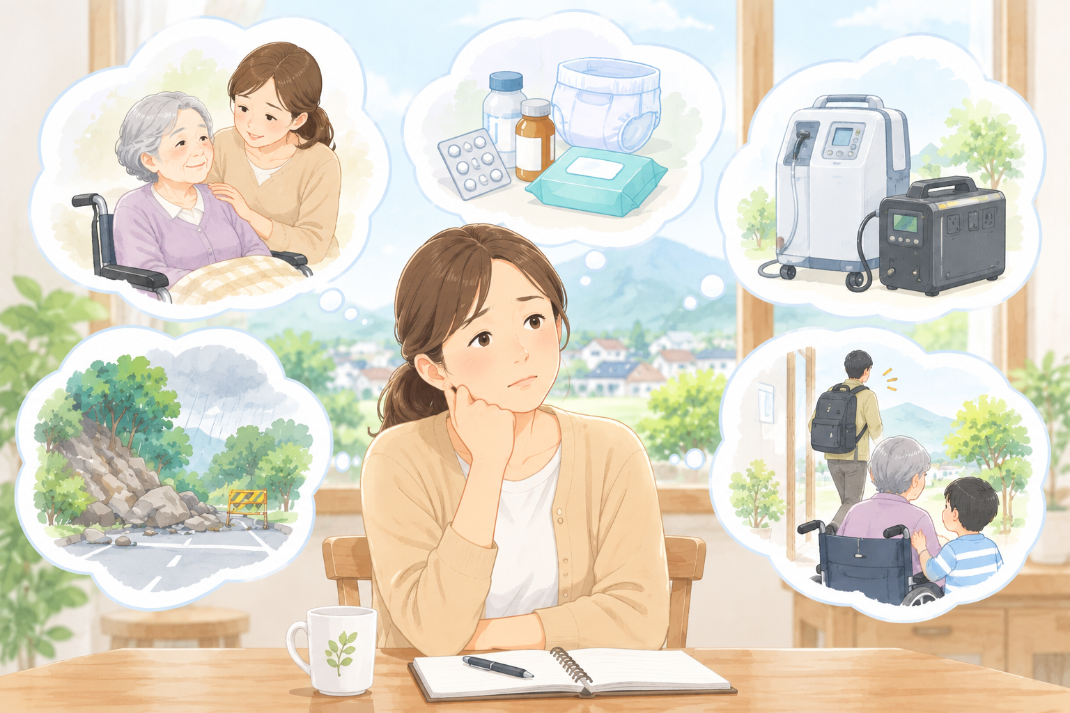 家族の避難や医療機器の停電対策について考えている家族のイメージ