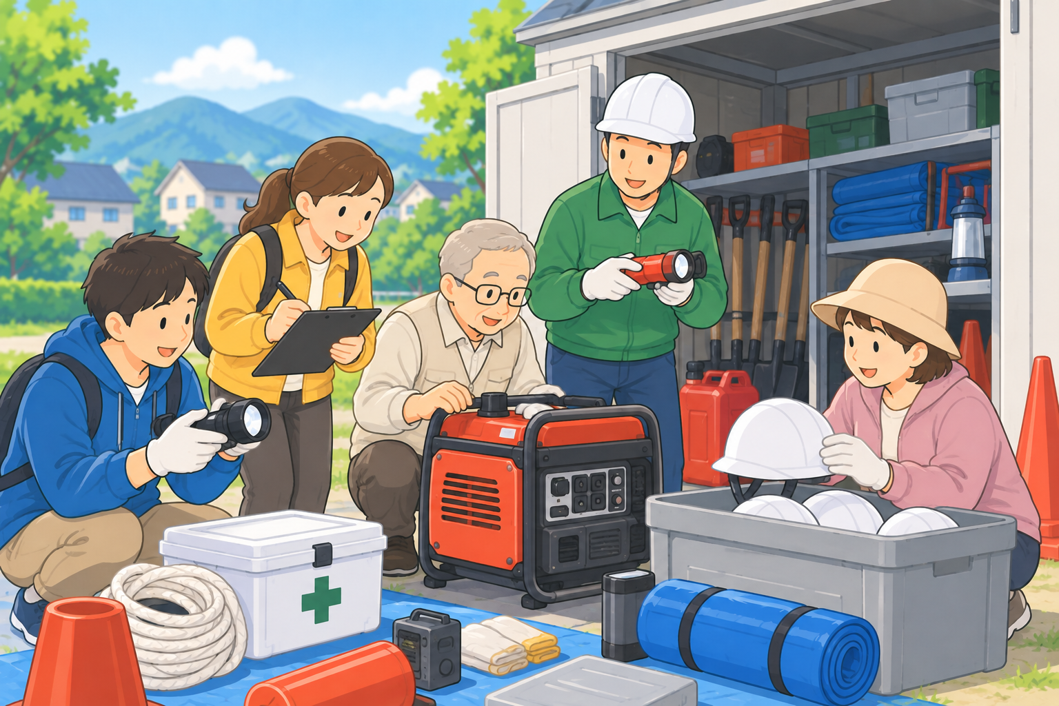 地域住民が防災倉庫の発電機やライトなどの資機材を点検しているイメージ