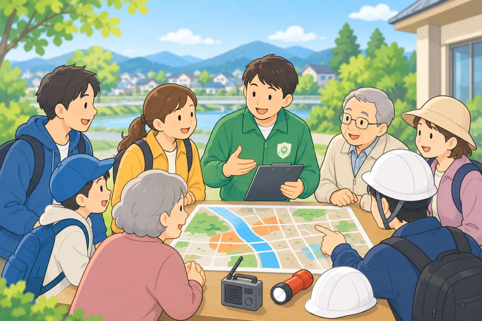 地域の人たちが地図を囲み、防災について話し合っているイメージ