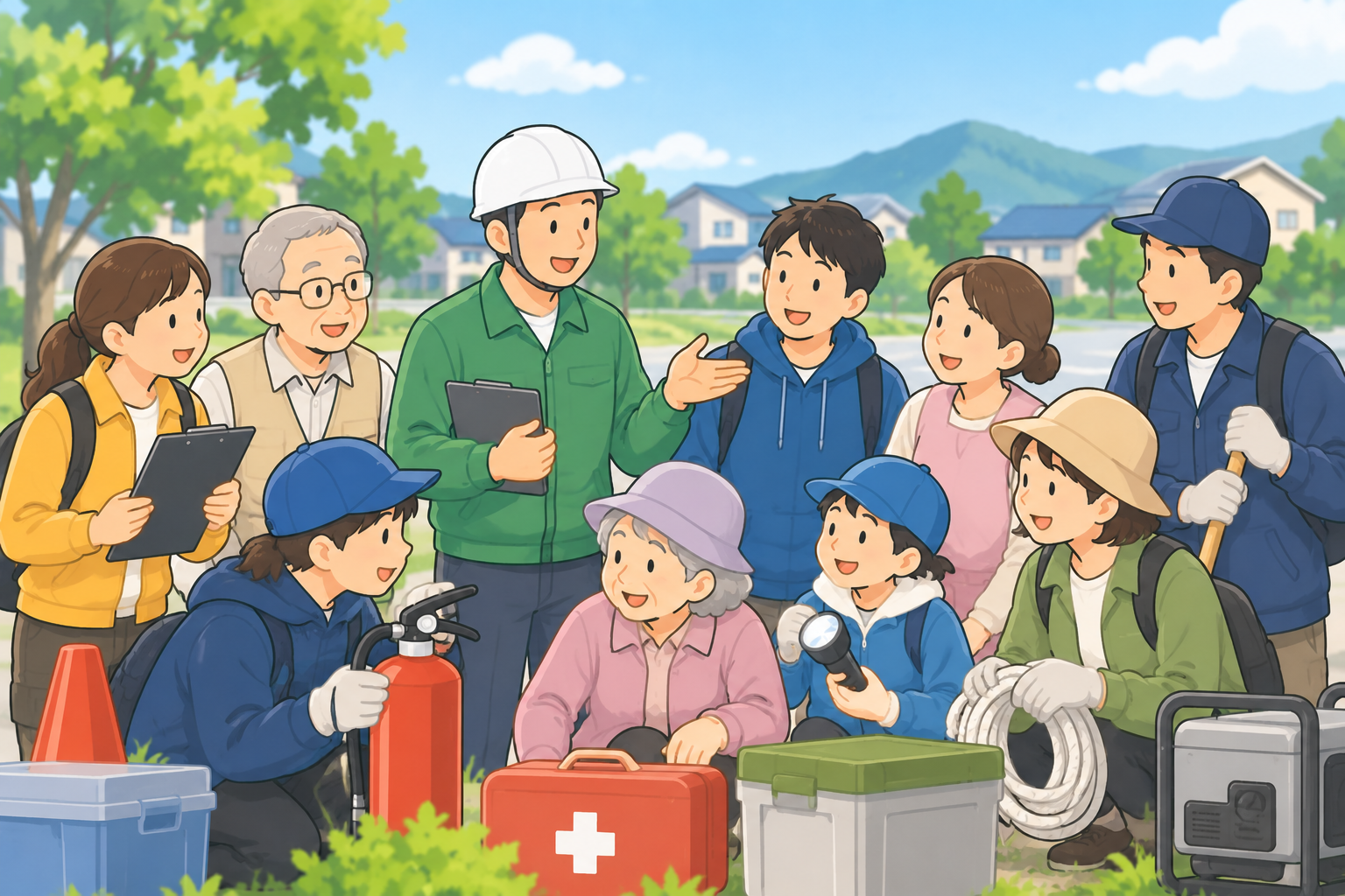世代の異なる地域の人たちが協力して防災活動をしているイメージ