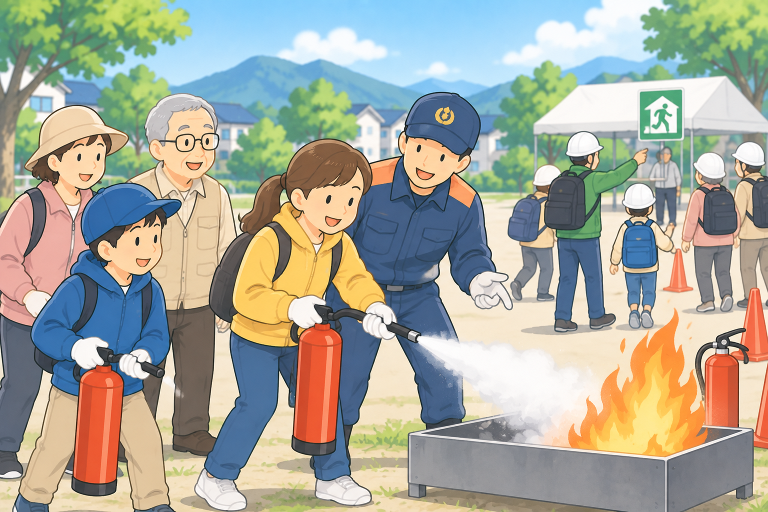 地域住民が消火器の使い方などを学ぶ防災訓練のイメージ